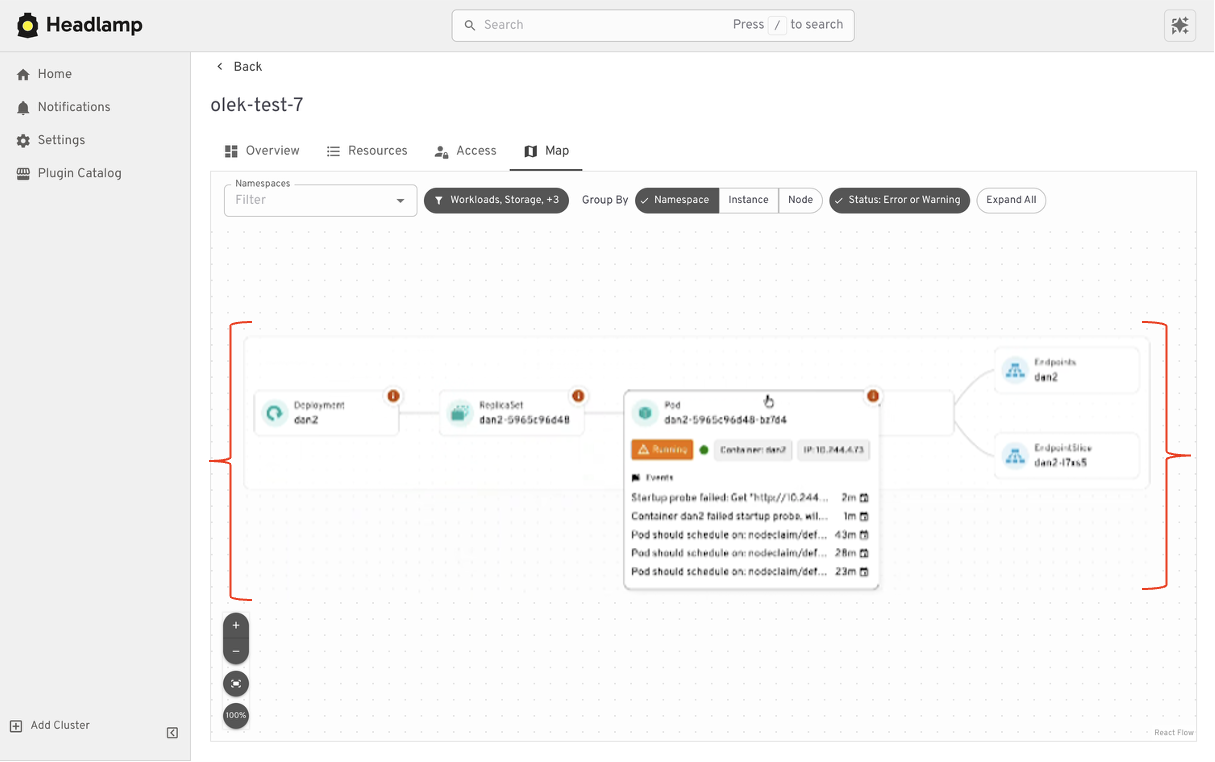 Visualizing relationships between Kubernetes workloads and services in Headlamp
